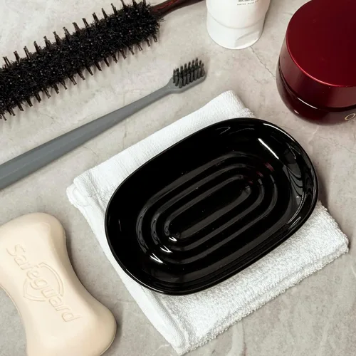 Vista 5 de Jabonera, Jabonera de Cerámica con Patrón de Mármol para Ducha, Bandeja Ahorradora de Jabón para Baño, Fregadero de Cocina y Tocador, Soporte Negro