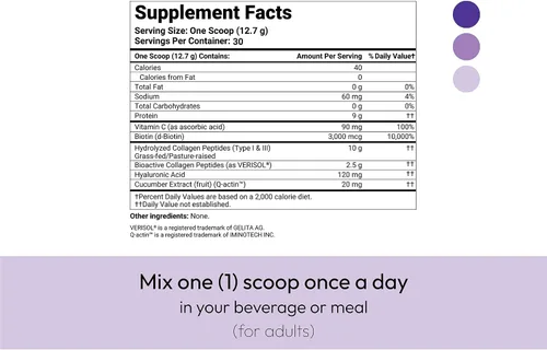 Vista 8 de VERISOL® Péptidos de colágeno hidrolizados tipo I y III con vitamina C, ácido hialurónico, biotina, Q-ACTIN® Proteína en polvo sin sabor para piel