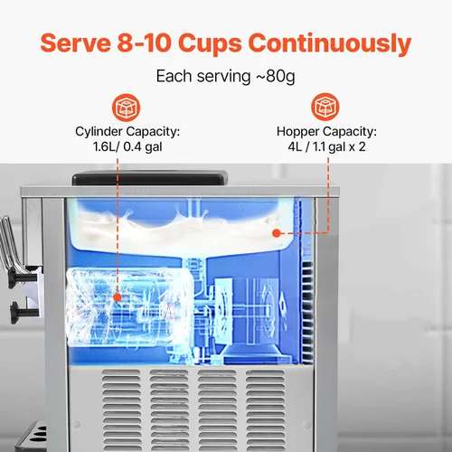 Vista 4 de VEVOR Máquina de helado comercial, 21 QT/H Máquina de helado suave con panel LCD de limpieza automática de 3 sabores preenfriamiento