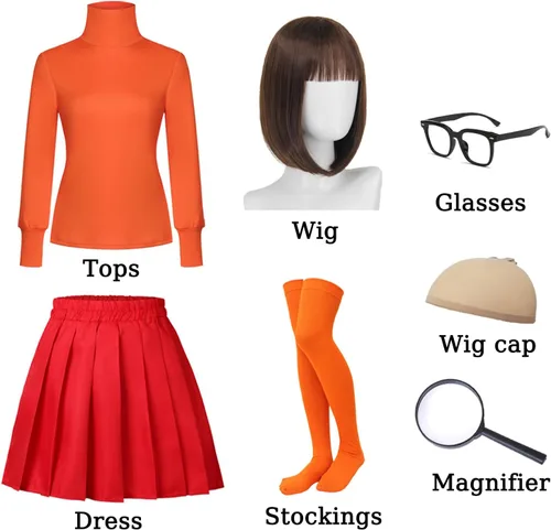 Vista 2 de Disfraz de Velma de Halloween para mujeres adultas, falda roja, traje de cosplay con accesorios, peluca Bob, camisa, gafas, calcetines con lupa