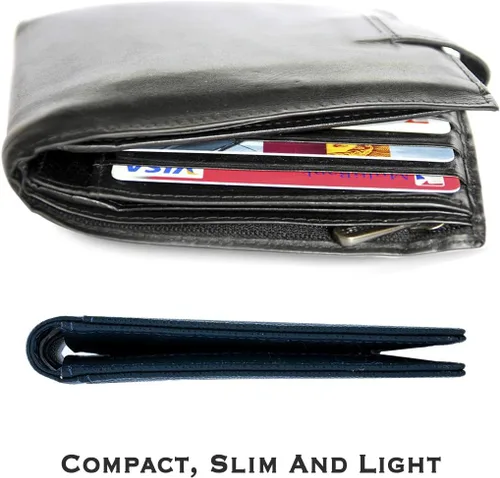 Vista 4 de Cartera plegable de bloqueo RFID compacta funcional para hombres, hecha del cuero genuino más fino