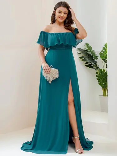 Vista 4 de Ever-Pretty Plus Women's Off Shoulder Short Sleeves Empire Waist Side Slit Chiffon Flowy Plus Size Bridesmaid Dresses