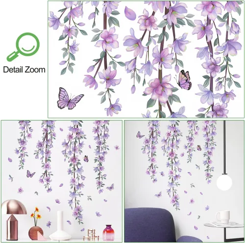 Vista 3 de Adhesivo de pared colgante, creativo, extraíble, DIY, de flores púrpuras y enredaderas, con algunas mariposas voladoras, adhesivo de vinilo