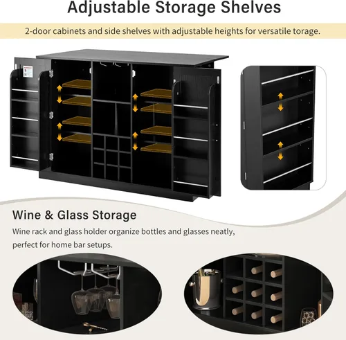 Vista 6 de 47.2" Multifunctional Kitchen Island with Drop Leaf & Power Outlet – Wine Bar with Bottle Rack, Coffee Station, 2-Door Storage & Adjustable Shelves