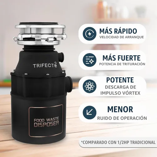 Vista 3 de Triturador de basura Trifecte de 1/2 HP para fregadero, triturador de residuos de alimentos de alimentación continua con cable de alimentación, más