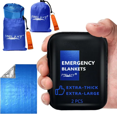 Vista 8 de Frelaxy - Paquete de 2 mantas de emergencia, extra gruesas y grandes Emergency whistles included, EVA storage case, Heat reflective