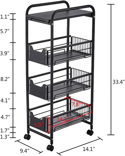 Vista 2 de Carrito de almacenamiento delgado de 4 niveles con 4 ruedas, organizador de estantería móvil negro, carrito utilitario rodante, estante de torre