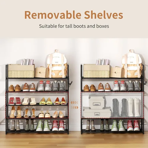 Vista 4 de Organizador de zapatos de metal, zapatero de 5 niveles con ganchos, se adapta a 20-25 pares, estante de zapatos ajustable para entrada, pasillo