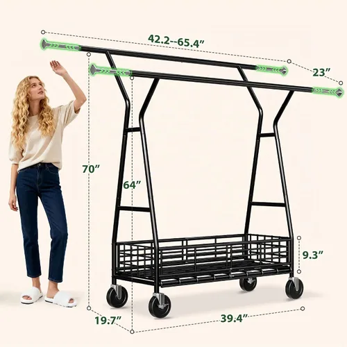 Vista 7 de Raybee Perchero resistente de alta capacidad 285KG, perchero para ropa con varillas dobles y cesta de almacenamiento, perchero portátil para ropa