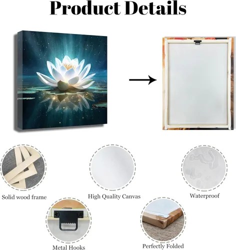 Vista 6 de QIXIANG Lienzo decorativo para pared de baño zen, pinturas de flores brillantes de loto para sala de estar, dormitorio, yoga, spa, meditación Loto