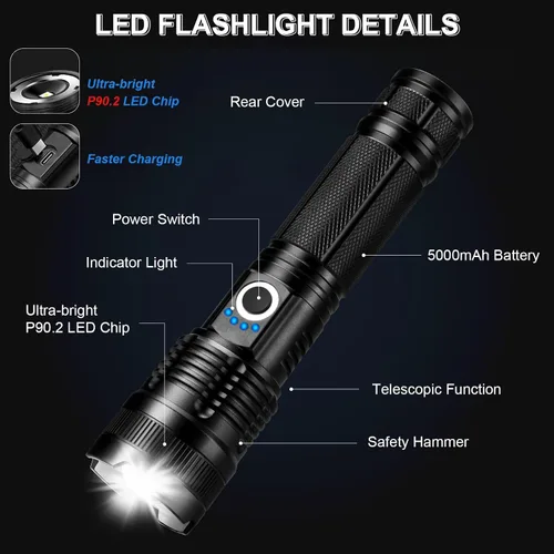 Vista 8 de Paquete de 3 linternas recargables de altos lúmenes, linterna LED súper brillante de 990000LM, luz de flash potente ajustable con 5 modos y cable