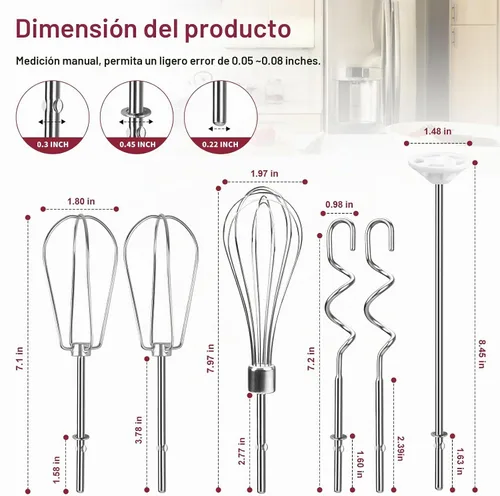 Vista 2 de Accesorios para batidora de mano, batidor, batidor, varilla de mezcla y ganchos de masa, accesorios de batidora de mano de acero inoxidable