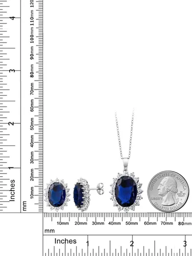 Vista 3 de Gem Stone King Juego de collar y aretes de plata de ley 925 con zafiro simulado azul