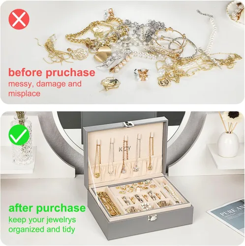 Vista 7 de KCY Organizador de joyas para mujeres y niñas estuche grande de cuero sintético con soporte de exhibición de 2 capas y bandeja extraíble para aretes