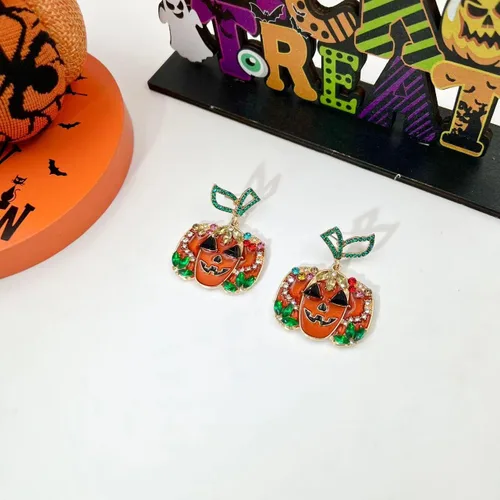 Vista 6 de Aretes de calabaza de Halloween para mujer, aretes colgantes de calabaza de cristal rojo, gato negro, calabaza roja, aretes de calabaza de Acción
