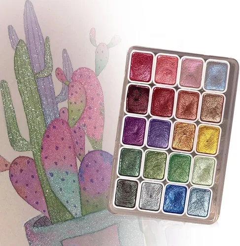 Vista 10 de Juego de pintura de acuarela de 12 colores, suministros de dibujo, juego de pinturas de acuarela metálicas brillantes, kit de pintura colorida