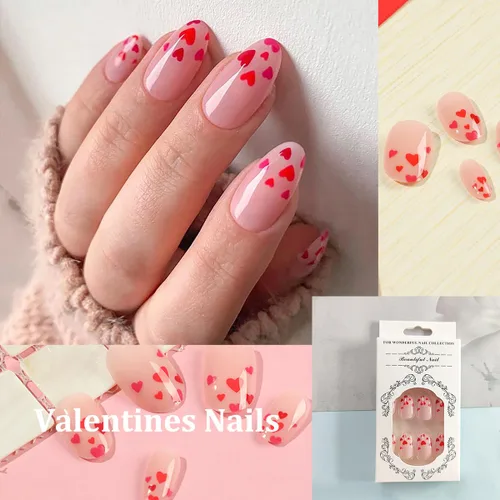 Vista 4 de Uñas postizas a presión en forma de almendra, 24 unidades, diseño de corazón rojo, uñas postizas con pegamento de cobertura completa para el día