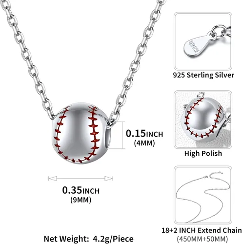 Vista 5 de ChicSilver 925 Sterling Silver Baseball Necklaces for Women Men 3D Sports Jewelry for Baseball Lover Sport Fans (With Gift Box)