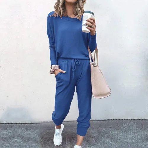 Vista 4 de Traje de color para mujer, 2 piezas, manga larga, para ocio, bolsillo, pantalones deportivos, conjuntos de pantalones deportivos para fiesta