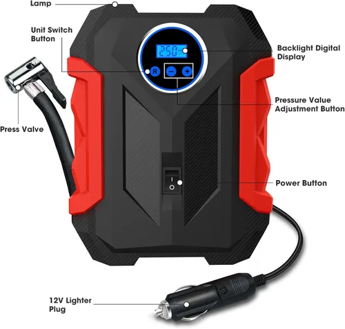 Vista 9 de Compresor de aire digital para bomba automática de coche, inflador de neumáticos portátil con luz LED DC 12V, rojo