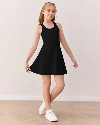 Vista 3 de Haloumoning Vestido de tenis sin mangas para niñas, vestido atlético de Negro