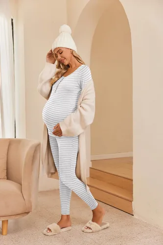 Vista 4 de Ekouaer Ropa interior térmica con botones para mujer, pijama de maternidad con forro polar de microfibra, conjunto de pijamas de invierno largo