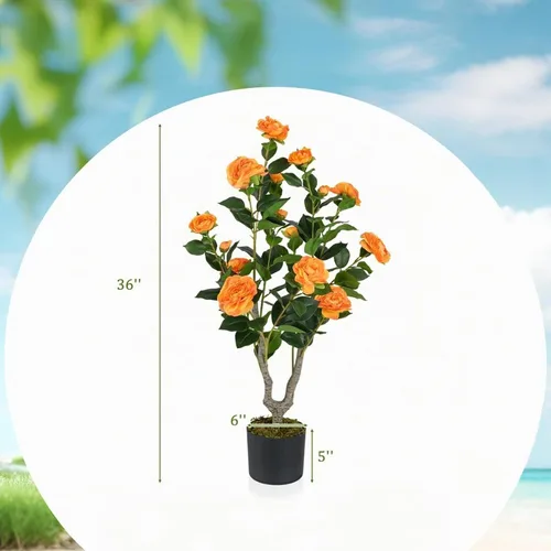 Vista 6 de Árbol de camelia artificial de 36 pulgadas con flores falsas Naranja