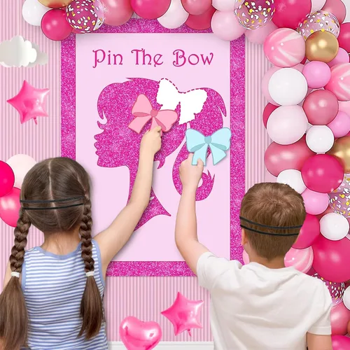 Vista 6 de Suministros de fiesta de niña rosa, lindo pin de princesa con lazo en la cabeza, póster grande con 24 calcomanías de lazo, recuerdos para fiesta