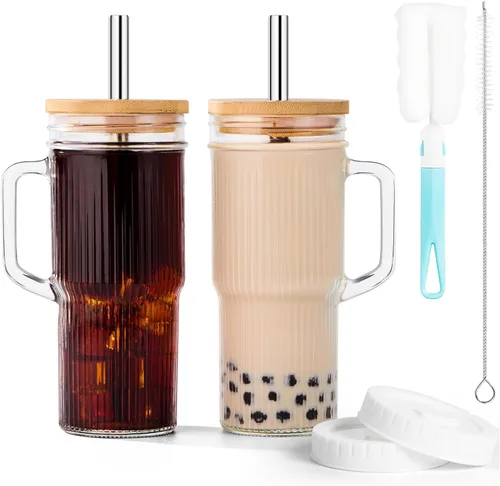 Vista 12 de JunVpic Tazas de vidrio con tapas y popotes, ámbar 20 OZ. Vasos para agua helada, zumo, té, leche, batido y bebidas frías o calientes, juego de 2