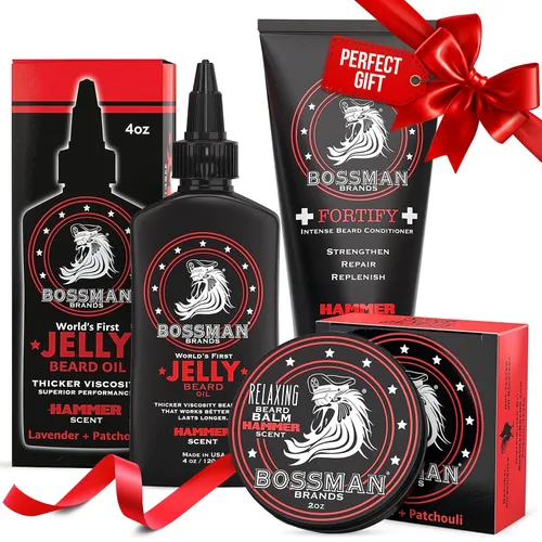 Vista 8 de Bossman Essentials Kit de barba para hombres, juego de 3, gelatina de aceite para barba, crema acondicionador fortificante, bálsamo para barba