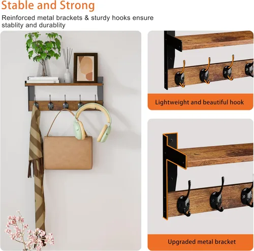 Vista 5 de Ganchos de pared con estante, perchero de madera con estante montado en la pared, estantes colgantes de entrada con 5 ganchos de metal para ropa