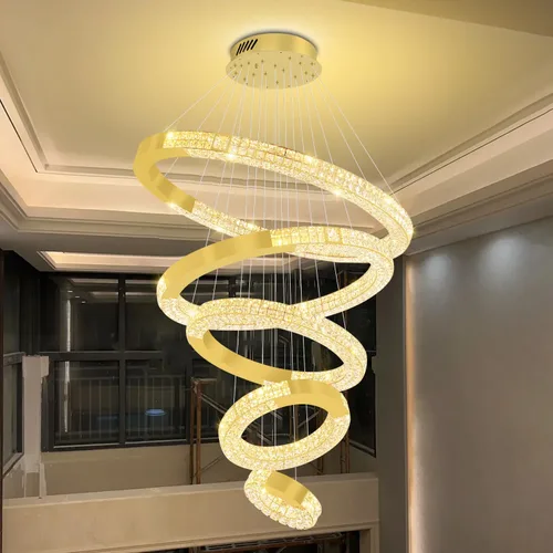 Vista 5 de Gran araña de anillo dorado moderna LED de 5 anillos de cristal para techos altos Vestíbulo Escalera de arañas D12''+20''+28''+35''+43'' Oro