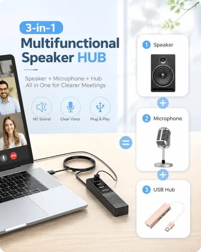 Vista 2 de Altavoz USB 3 en 1 para computadora con micrófono, altavoz de conferencia de escritorio para computadora portátil con micrófono para oficina en casa
