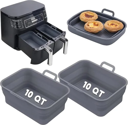 Vista 10 de Paquete de 2 sartenes plegables de silicona para freidora de aire para NINJA Foodi Dual de 8 y 10 cuartos, olla de cesta rectangular reutilizable