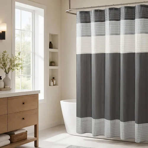 Vista 17 de Madison Park Amherst - Cortina de ducha para baño, 72 x 72 pulgadas, seda sintética, color aguamarina Clásico moderno, brillo ligero, a rayas