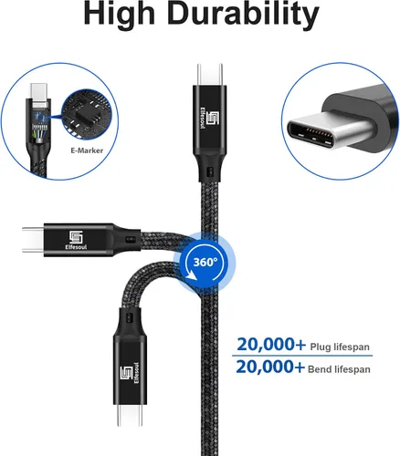 Vista 5 de Elfesoul - Cable USB C a C, cable USB-C 3.2 Gen 2 de 1.65 pies - cable de carga rápida PD de 100 W 4K UHD 20 Gbps para MacBook Pro, para iPad Pro
