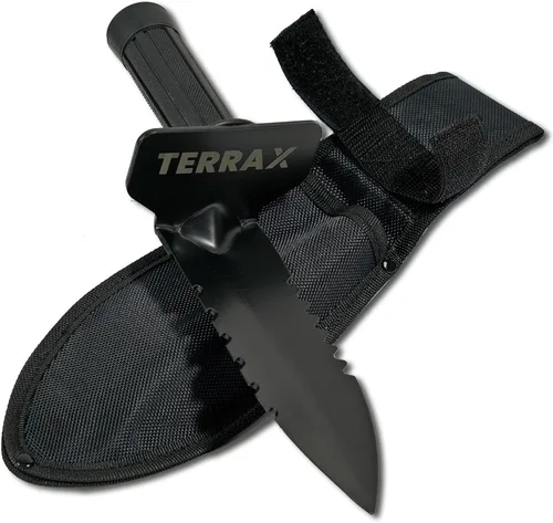 Vista 3 de TerraX Master Digger - Pala con mango en T de raíz/césped de 34 pulgadas y excavadora de mano de doble dentada con funda para cinturón, paisajismo