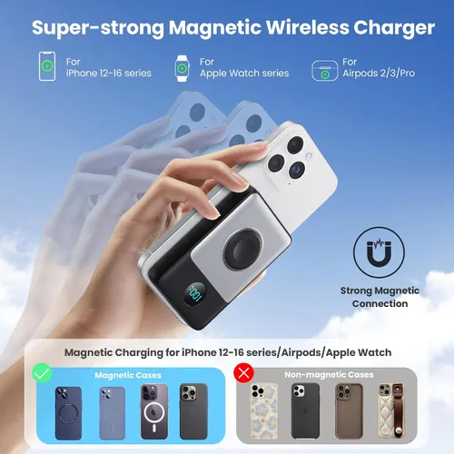 Vista 4 de Cargador portátil magnético para iPhone, Banco de energía inalámbrico Qi2 de 10800mAh y 15W con cargador para iWatch, Paquete de batería de viaje