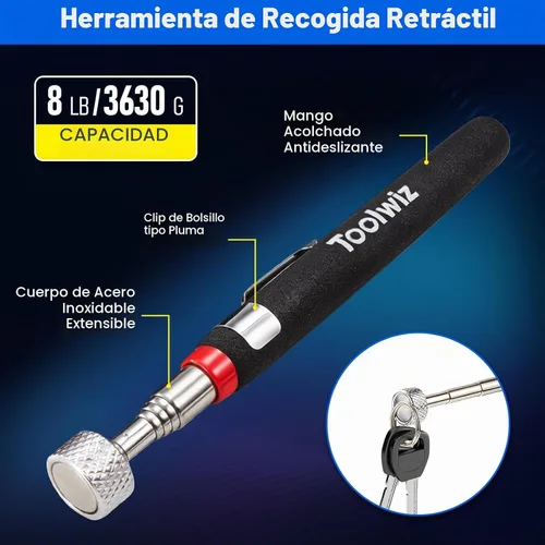 Vista 4 de Toolwiz Juego de 4 herramientas magnéticas de recuperación de recogida con bandeja de piezas - Varillas magnéticas extensibles y flexibles