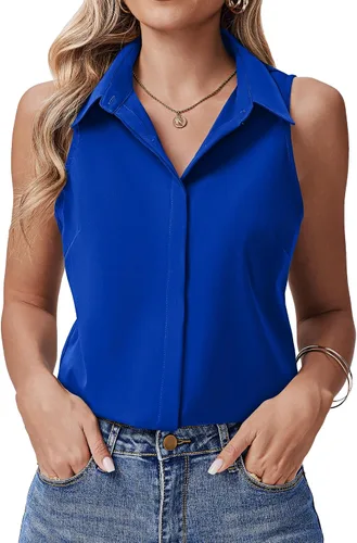 Vista 9 de HOTOUCH Camisas sin mangas con botones ocultos para mujer, frente con botones ocultos, cuello, blusas casuales elegantes holgadas para oficina