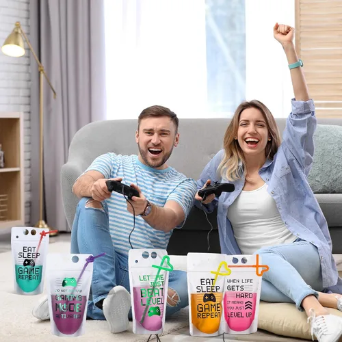 Vista 7 de 24 bolsas de plástico transparente para bebidas con pajitas, bolsas reutilizables para decoración de cumpleaños, videojuegos, fiestas, regalos
