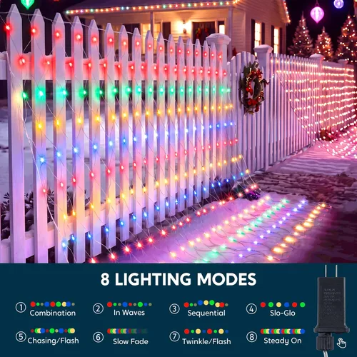 Vista 5 de JOYIN 200 luces LED de red de Navidad, 6.5 x 10 pies, luces de malla de Navidad con 8 modos, conectables, impermeables, para arbustos, árboles