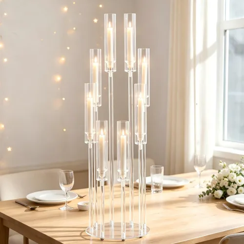 Vista 3 de Portavelas transparentes de 8 brazos para decoración de boda, candelabro alto de acrílico con pantalla para eventos del día de San Valentín, fiesta