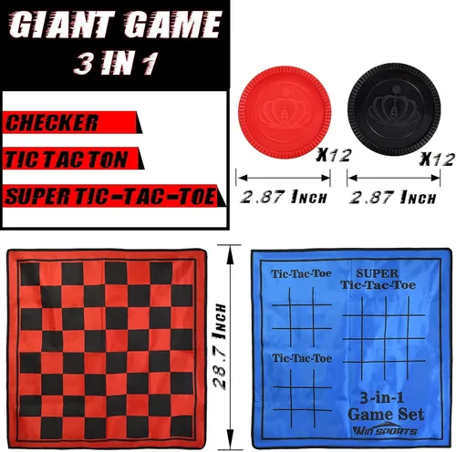 Vista 2 de Win SPORTS Juego de damas gigantes 3 en 1, Super Tic Tac Toe, incluye alfombra reversible con 24 damas, actividad interior y exterior para niños