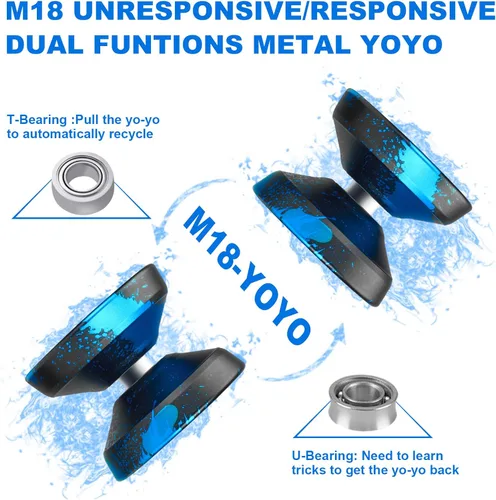 Vista 3 de M18 Kit de Yoyo Metálico Sensible e Insensible - Yoyo Profesional para Principiantes y Adultos con Juego de Trucos, Rodamiento, Cuerdas, Estuche