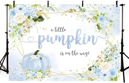 Vista 2 de MEHOFOND Telón de fondo de calabaza de otoño de 7 x 5 pies para niño, baby shower, decoración de fiesta de bebé azul floral para bebé, niño