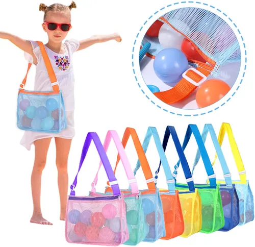Vista 4 de UTTPLL Bolsa de playa de malla colorida ajustable para niños, bolsa de red de secado rápido para conchas marinas que recolecta arena juguete