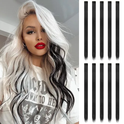 Vista 8 de FESHFEN Juego de 12 extensiones de cabello con clip, color negro, con clip, con purpurina, kit de accesorios coloridos para mujeres, de 20 pulgadas
