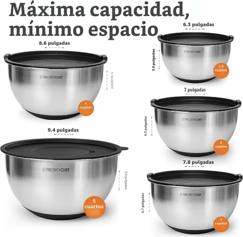 Vista 3 de Priority Chef Juego de tazones para mezclar de acero inoxidable con tapas, 3 accesorios para rallar, tapas herméticas, base de silicona