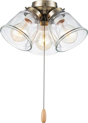 Vista 2 de Aspen Creative 22014-1, Kit de luces para ventilador de techo de tres luces con cadena de tracción, acabado de latón antiguo con pantallas de vidrio